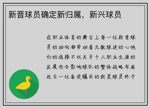 新晋球员确定新归属，新兴球员